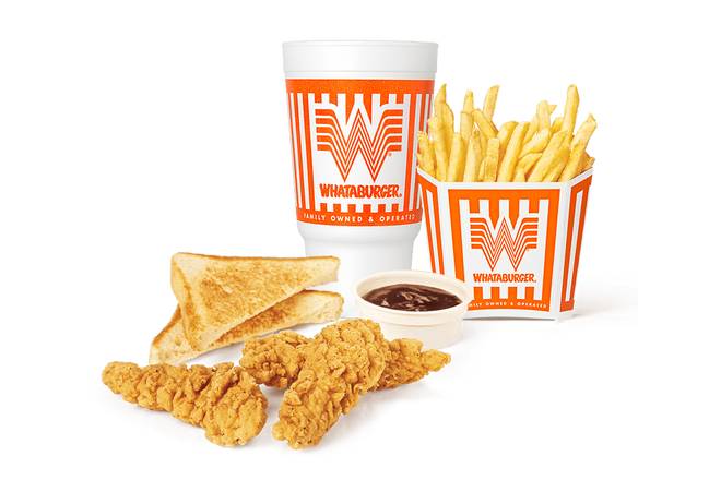 #13 Whatachick’n Strips 3 Piece Whatameal – Calories, Nutrition & Price Image of Whataburger’s #13 Whatachick’n® Strips 3-Piece Whatameal, featuring three crispy chicken strips, medium fries, and a medium soft drink served on a tray.